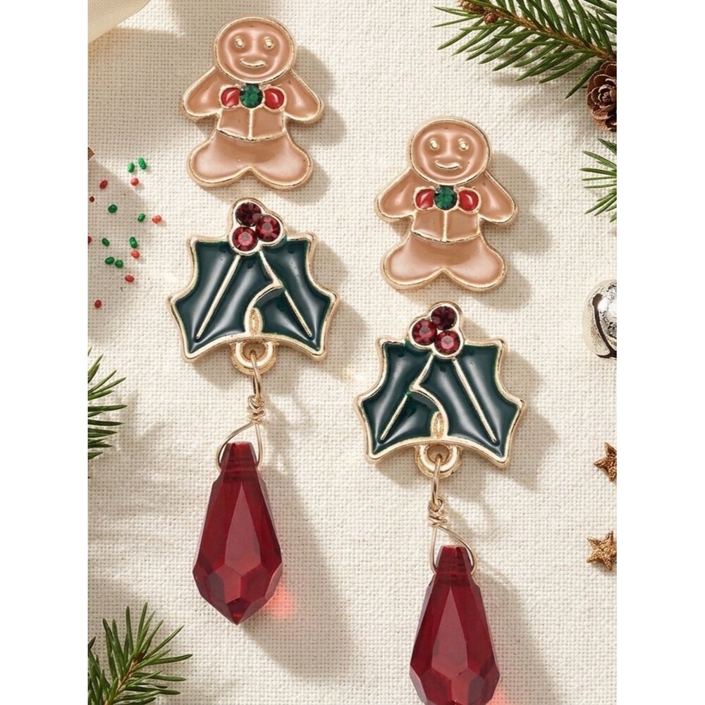 Holiday Lane Gold-Tone Gingerbread & Holly Drop Earring Set - Red & Green